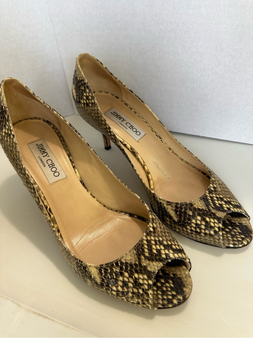 Jimmy Choo 39 Snakeskin Peep-Toe Low Pumps in Brown Cream and Beige
